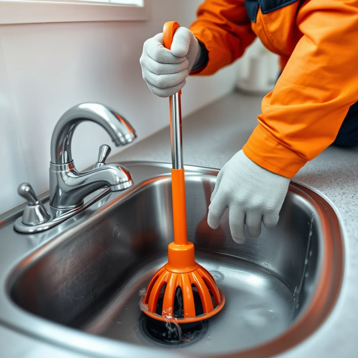 Homeowner using a plunger on a clogged kitchen sink drain