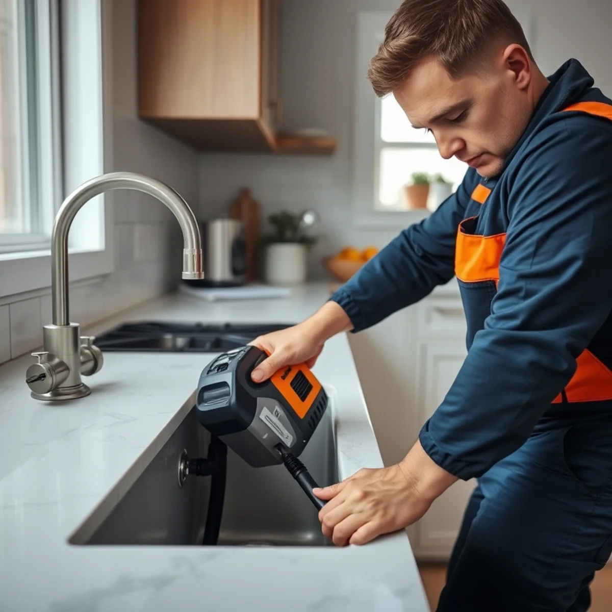 Ryan Water Systems plumber clearing a clogged kitchen drain in an Indianapolis home