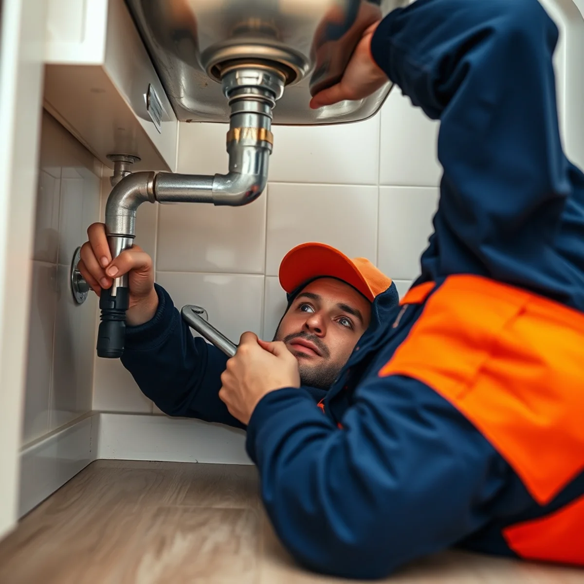 Homeowner looking under a kitchen sink at a garbage disposal that is not working