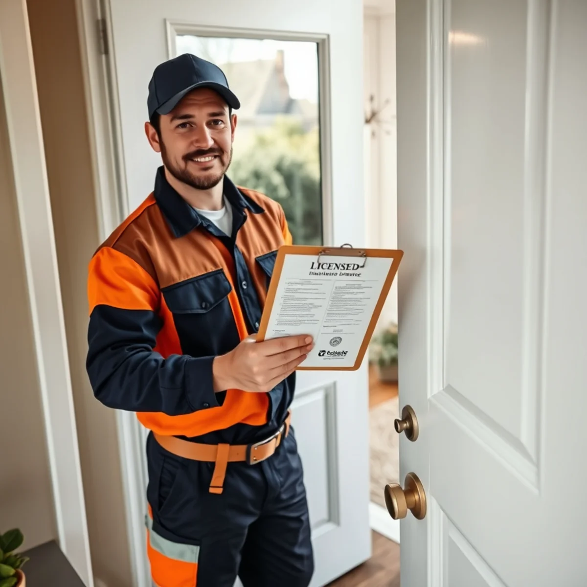 A plumber showing license and insurance paperwork to a homeowner