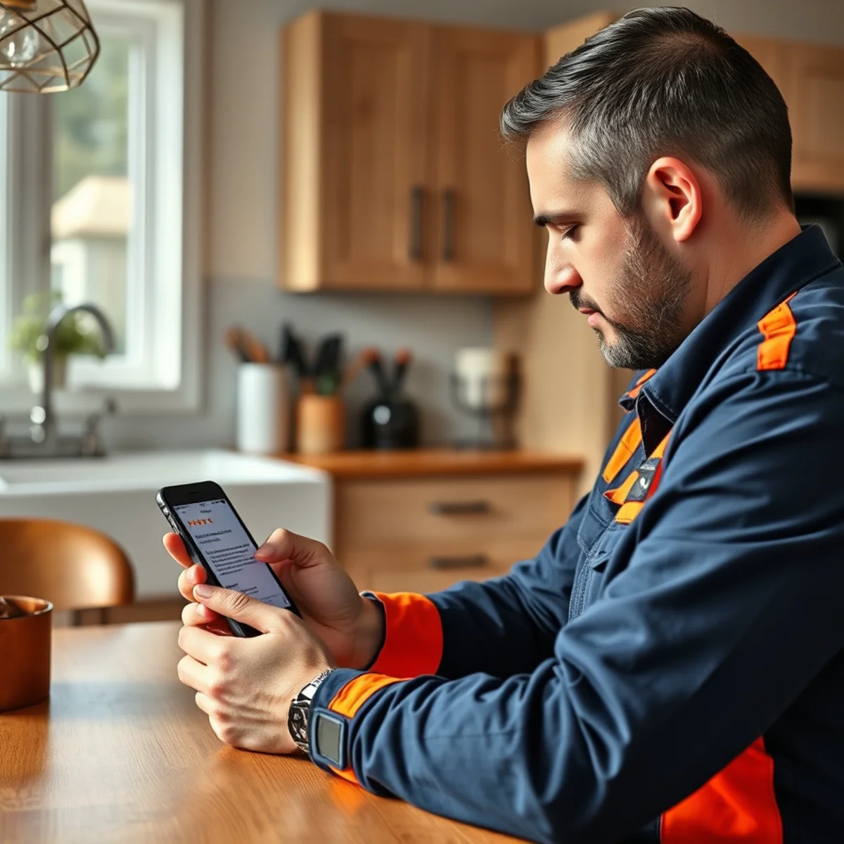 A homeowner reading five-star plumber reviews on a phone