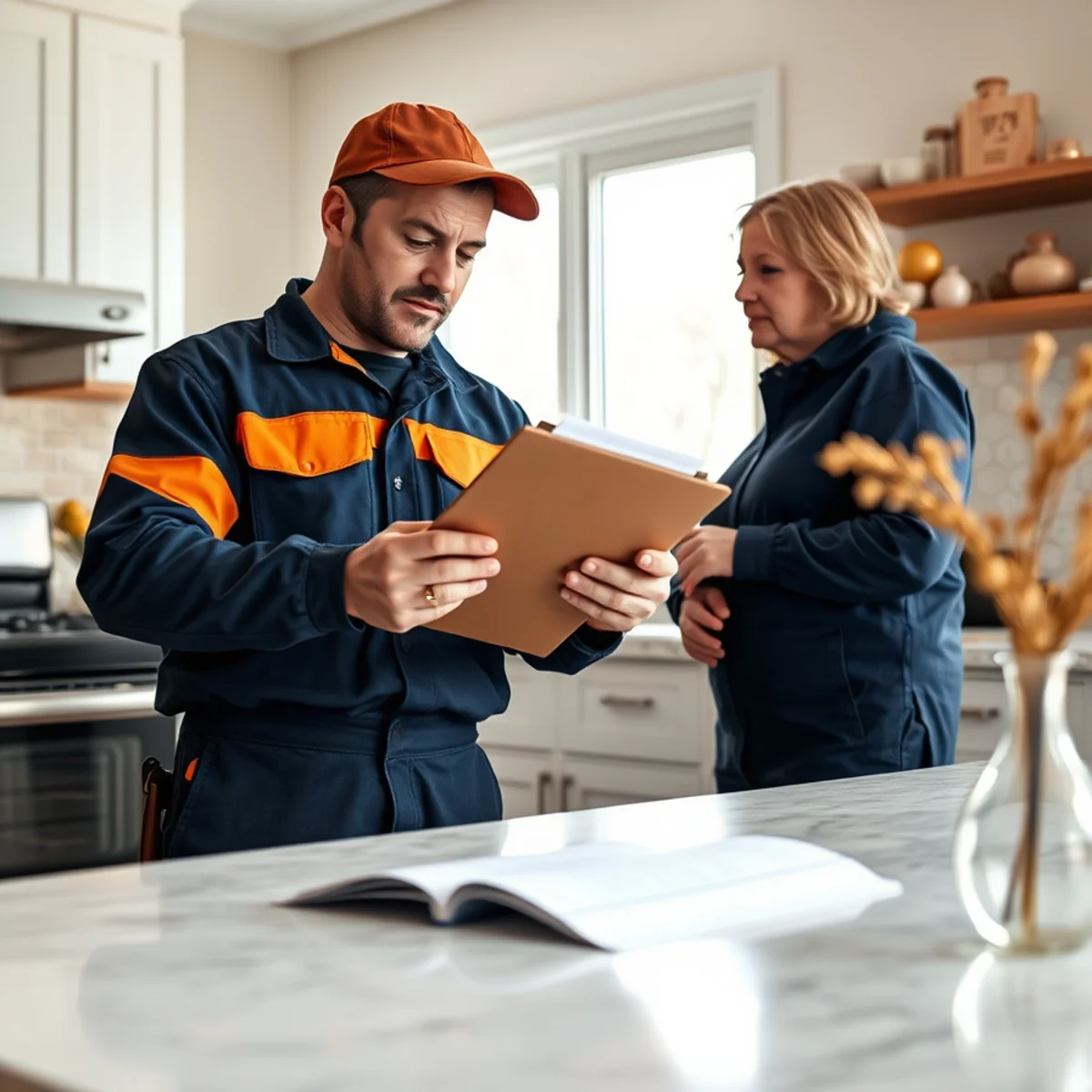 A plumber reviewing a written estimate with a customer