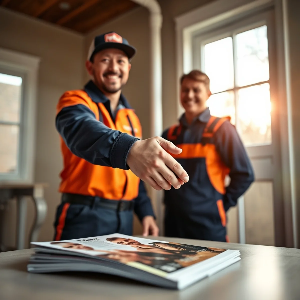 A plumber shaking hands and guaranteeing the work