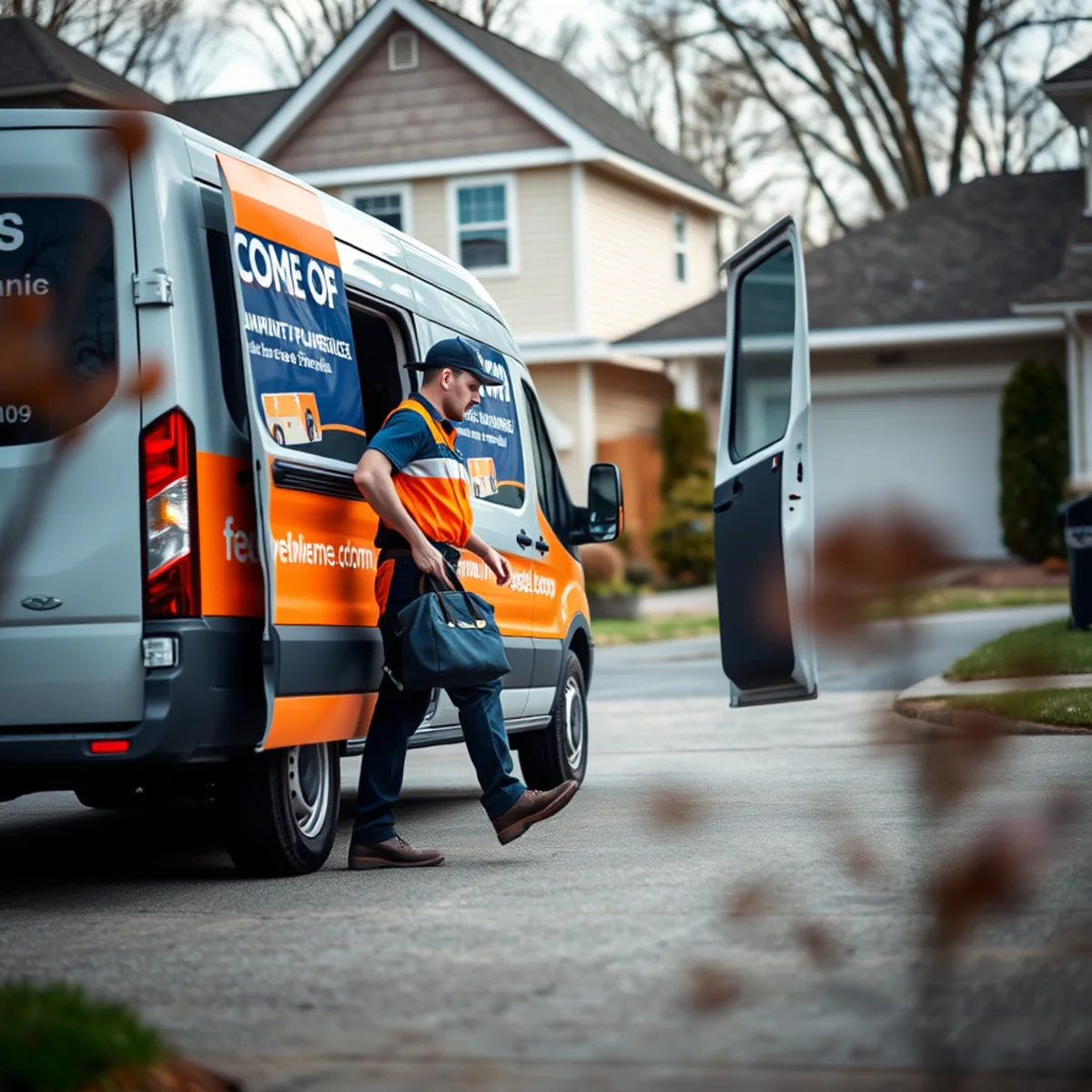 A plumbing service van arriving at a local Indianapolis home