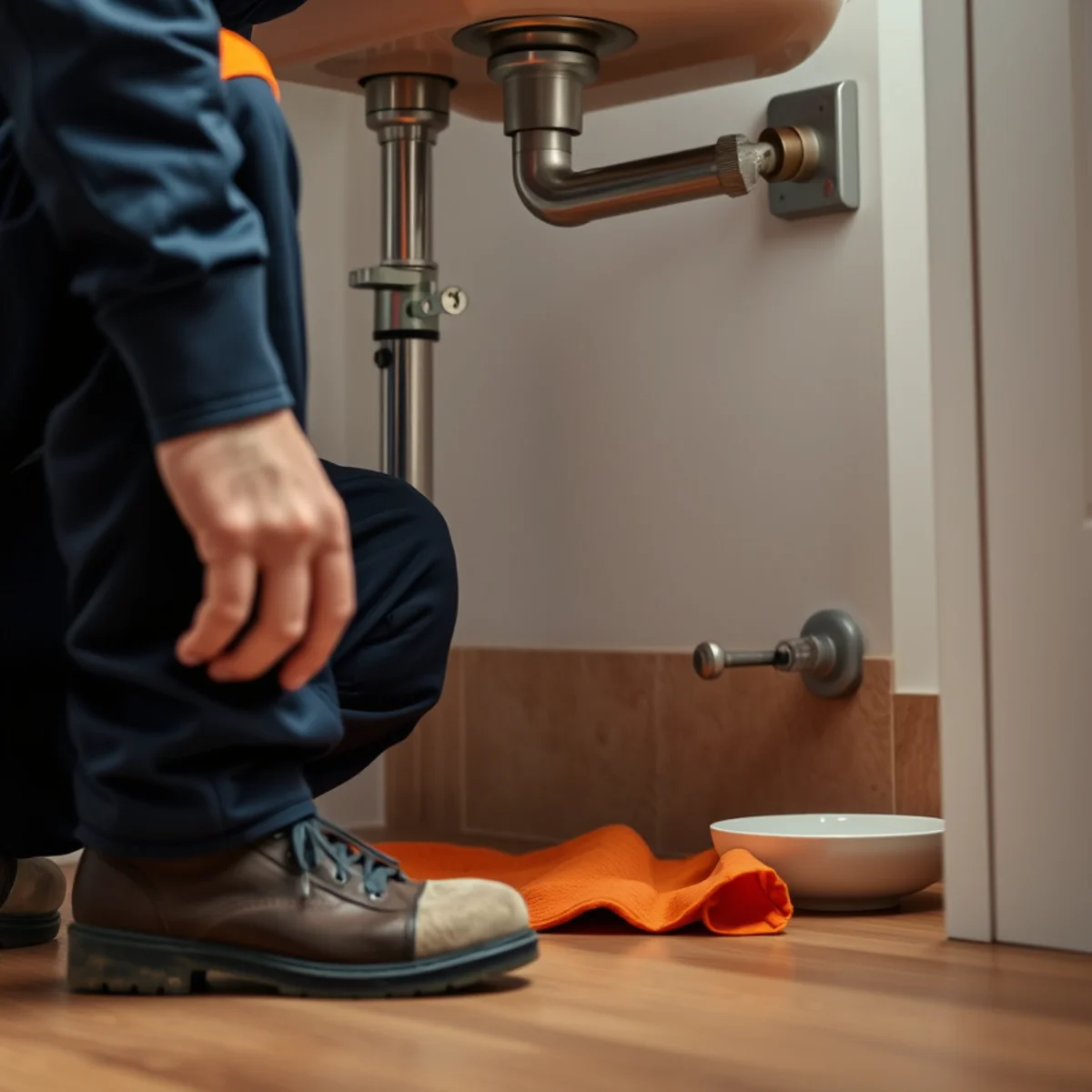 A tidy plumber wearing shoe covers working under a sink