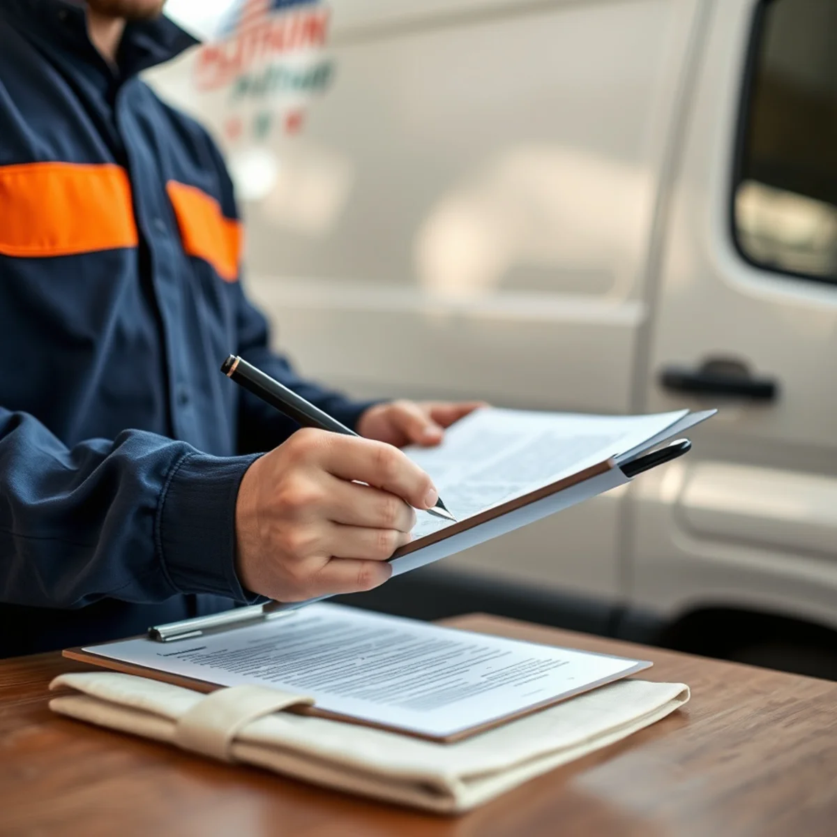 A homeowner signing a plumbing service agreement