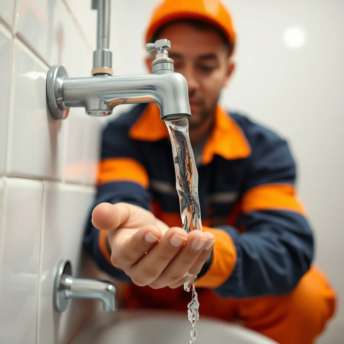 Plumber checking water pressure at a kitchen faucet in an Indianapolis home