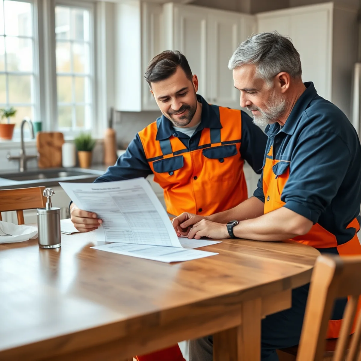 Indianapolis plumber reviewing a written quote with a homeowner at a kitchen table
