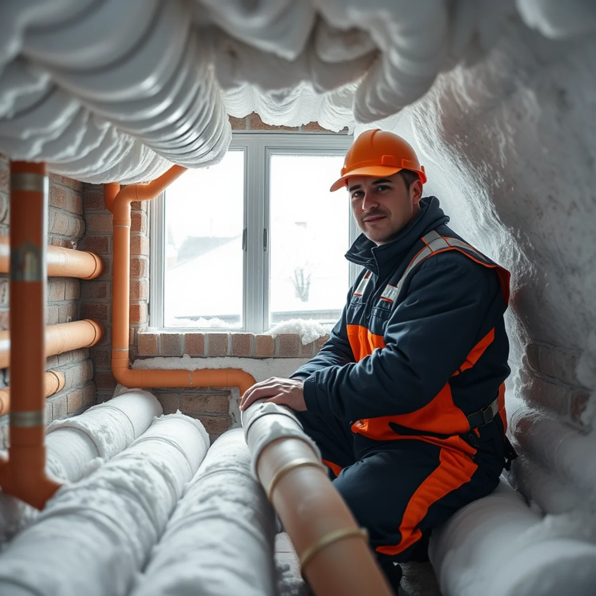 Insulated water pipes in a cold Indianapolis crawl space during winter