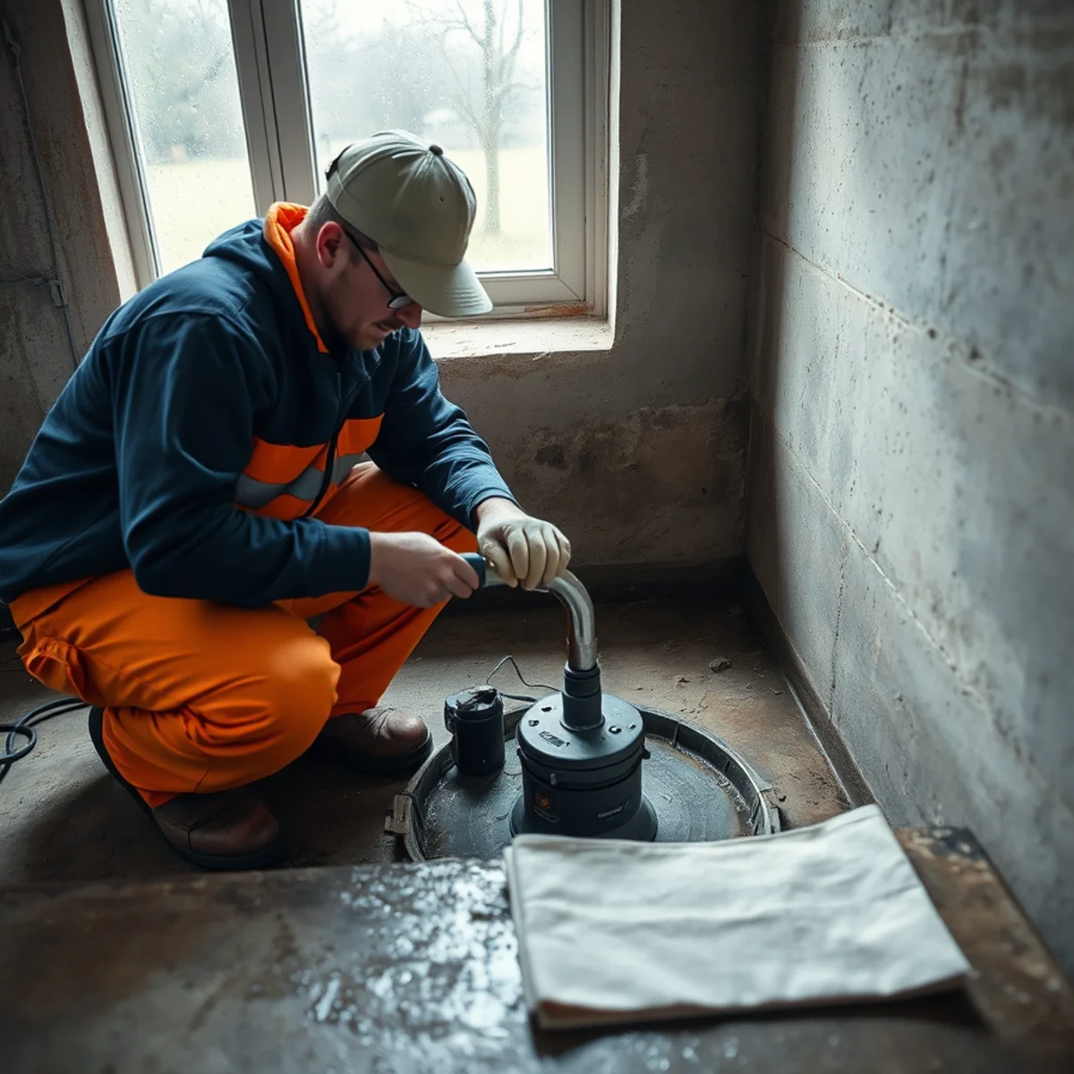 A plumber testing a sump pump in spring