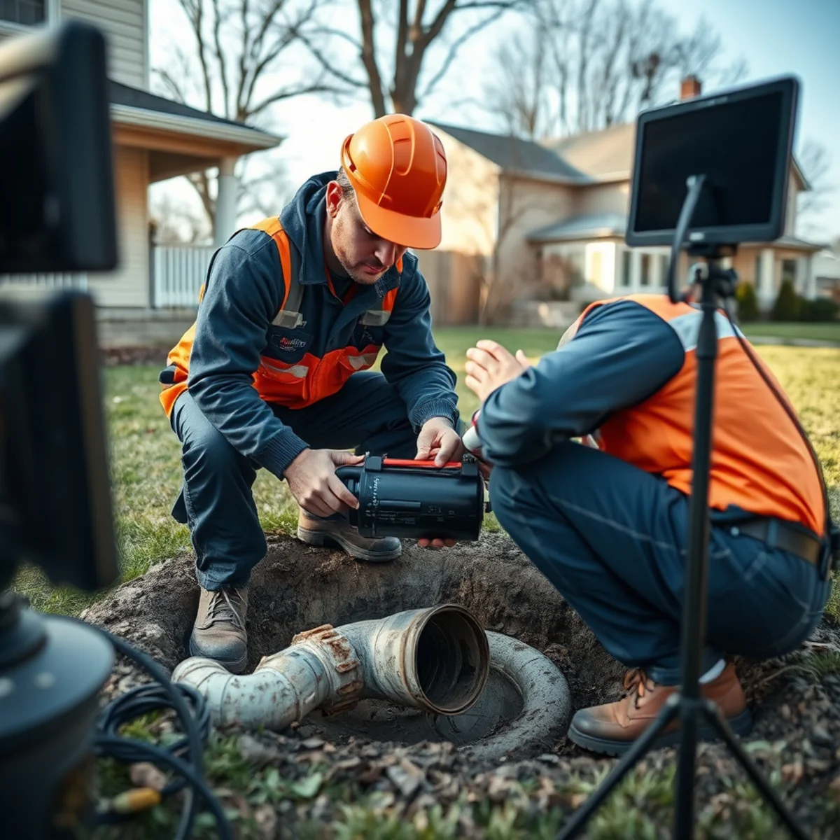 Ryan Water Systems technician running a sewer camera inspection at an Indianapolis home