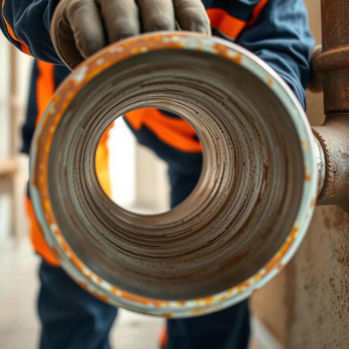 Cutaway of a galvanized steel pipe clogged with rust and scale