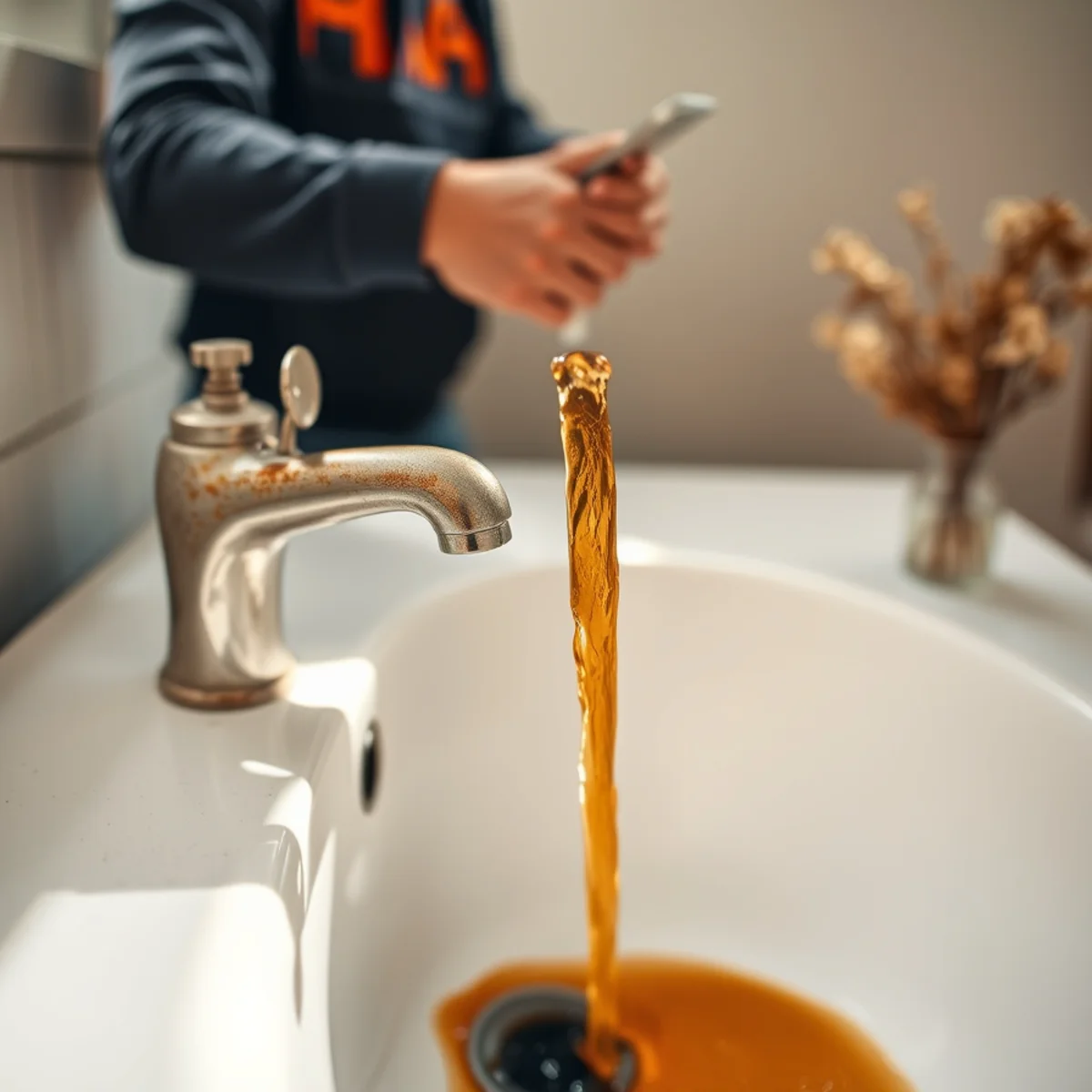 Rusty brown water running from a bathroom faucet