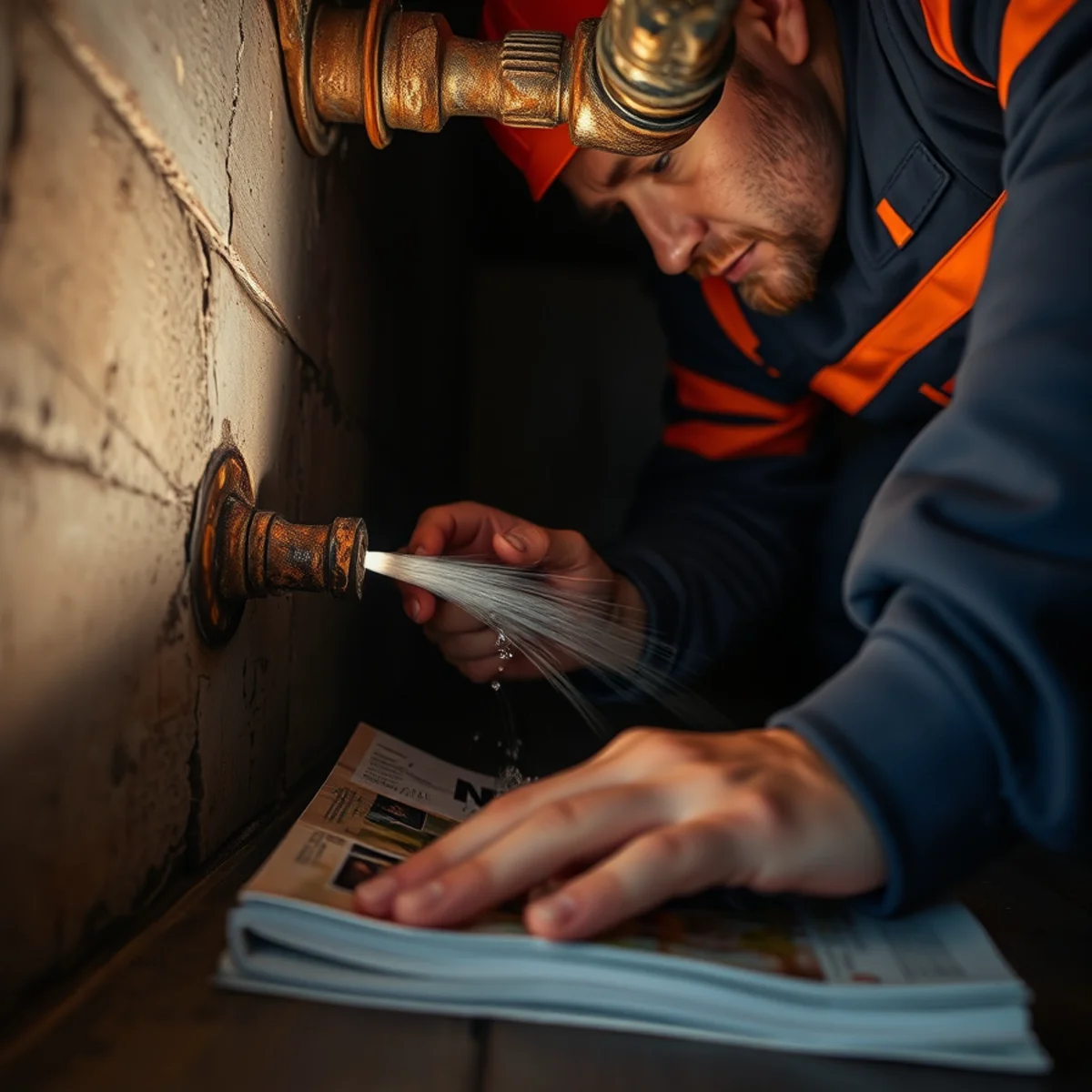 A pinhole leak spraying from an old corroded pipe