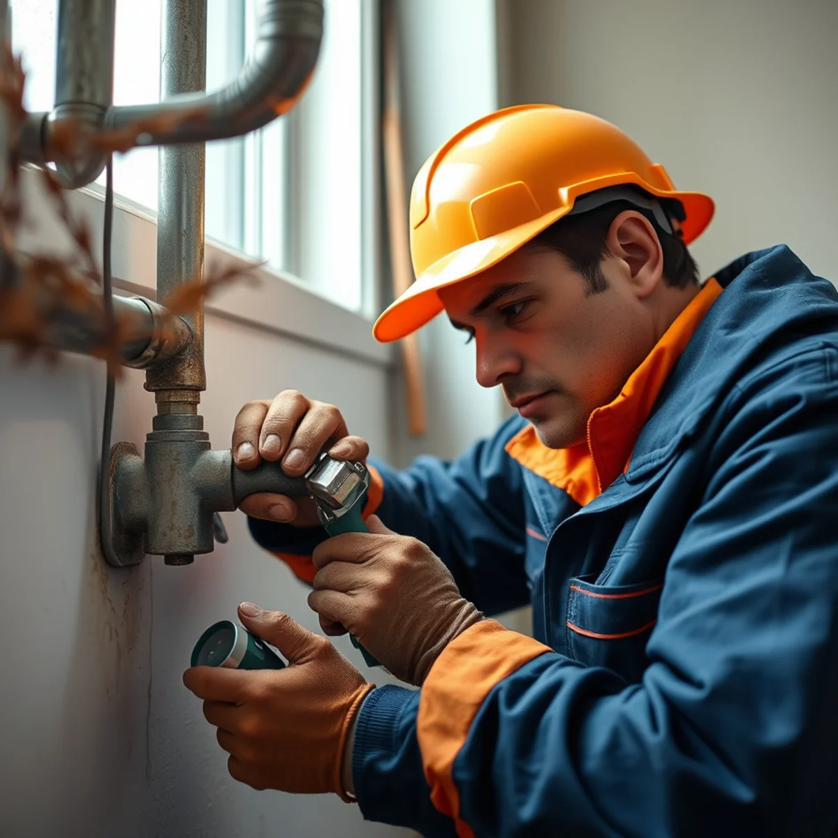 A plumber inspecting a pipe patched with multiple repair clamps