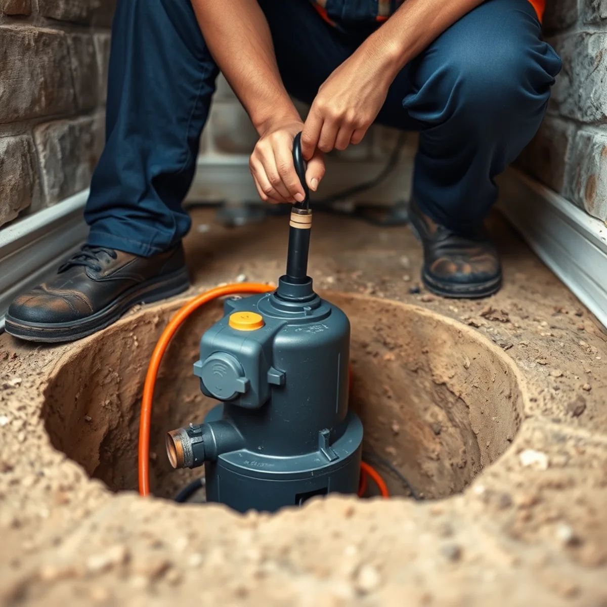 Sump pump running in a basement pit in an Indianapolis home