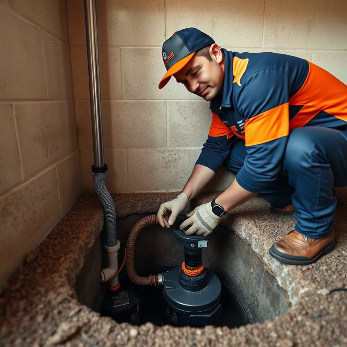 Ryan Water Systems technician installing a sump pump with battery backup in an Indianapolis basement