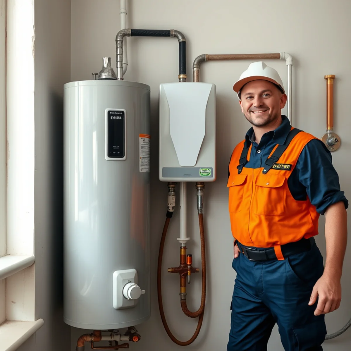 Wall-mounted tankless water heater next to a traditional tank water heater