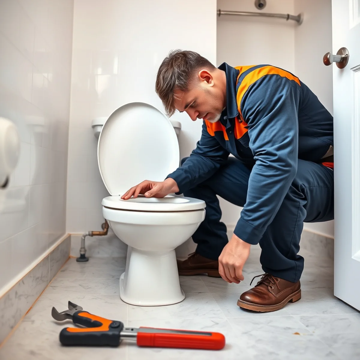 Ryan Water Systems plumber installing a new toilet in an Indianapolis home bathroom