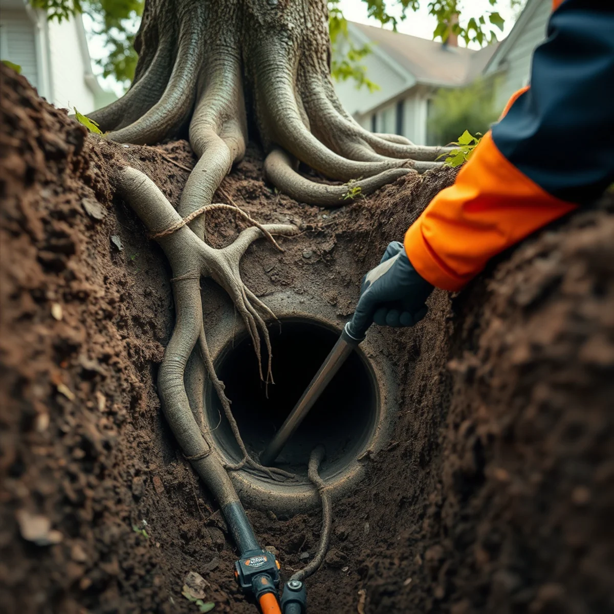 Tree roots invading a cracked sewer pipe joint underground