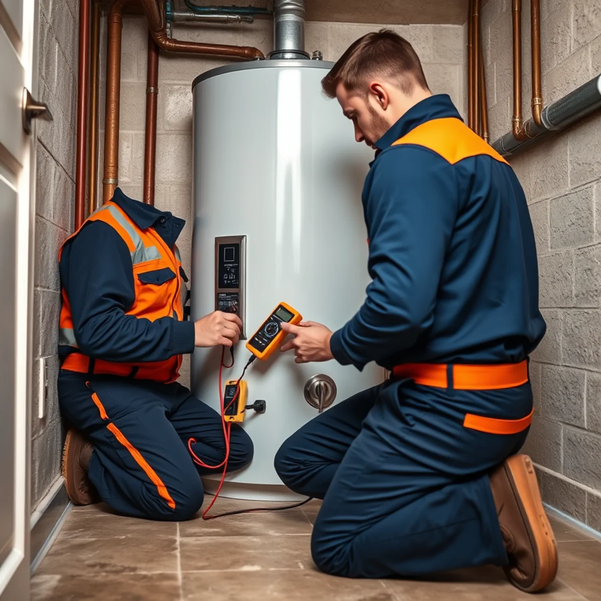 Ryan Water Systems plumber diagnosing a gas water heater in an Indianapolis basement