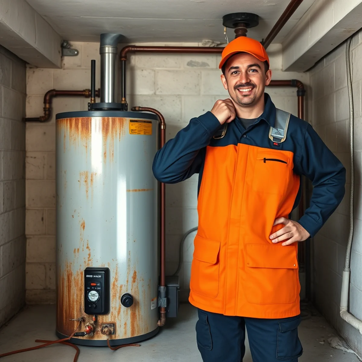 Plumber inspecting an aging tank water heater in an Indianapolis basement