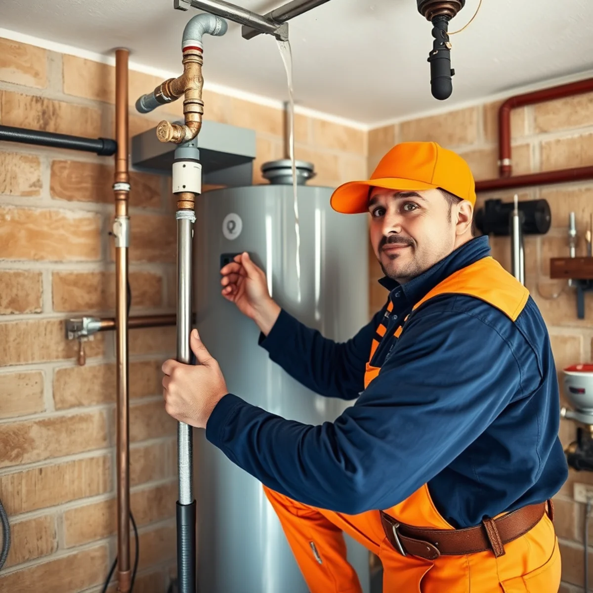 Plumber comparing a tank and tankless water heater while quoting a replacement for an Indianapolis homeowner