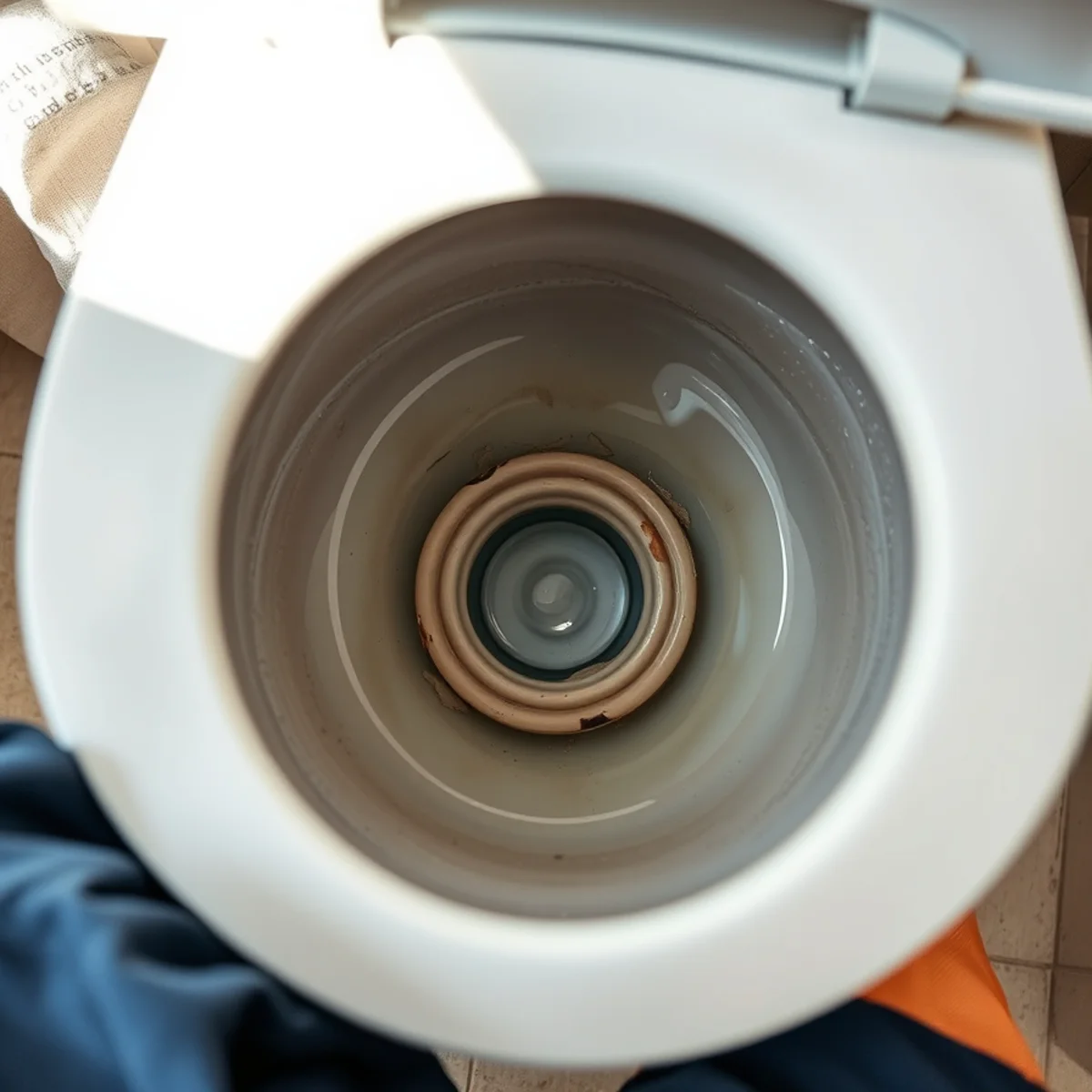 Worn, warped rubber flapper inside a toilet tank